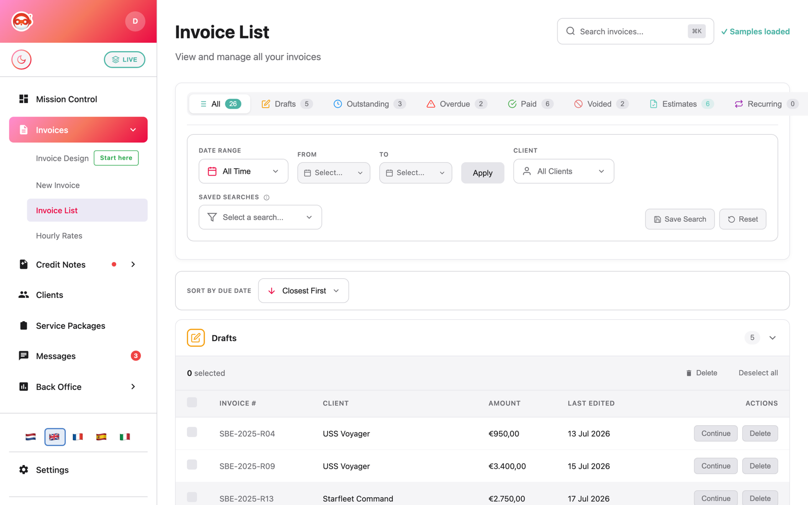 Tibby invoice list &mdash; drafts, outstanding, overdue, paid, with filters