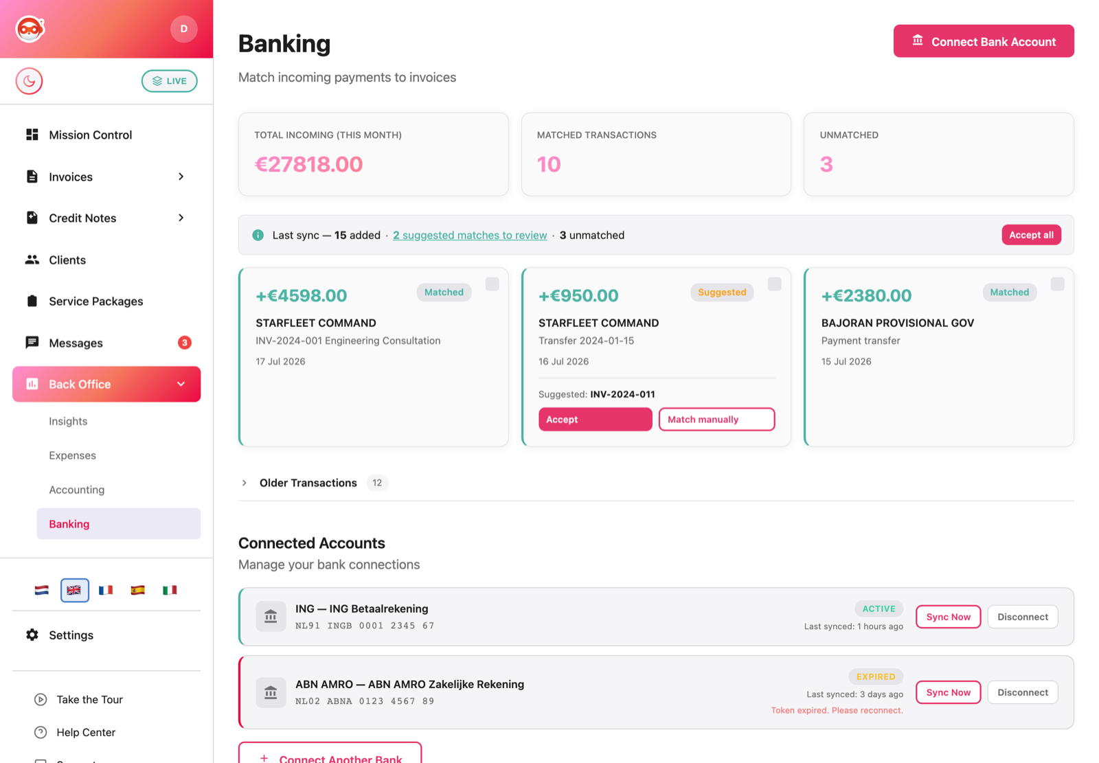 Banking &mdash; incoming payments matched to the right invoices