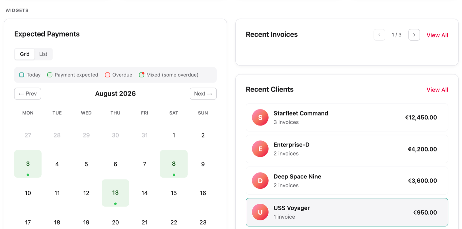 Expected Payments calendar &mdash; when each invoice is due to land