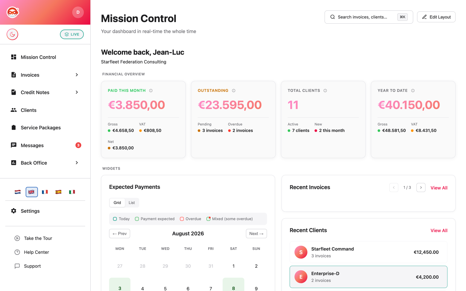Tibby dashboard &mdash; financial overview with paid, outstanding, and year-to-date