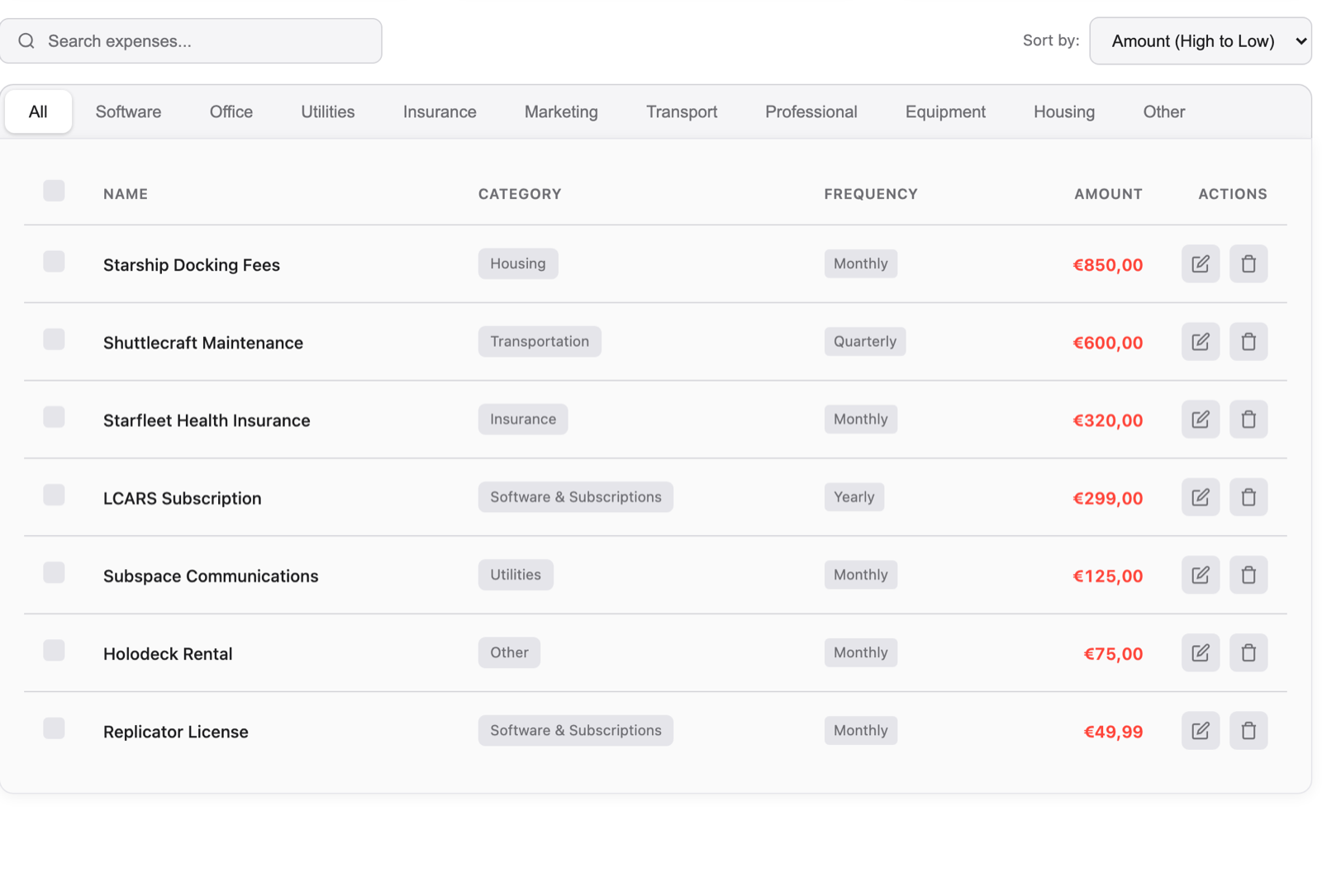 Expenses &mdash; recurring costs categorised by type, frequency and amount