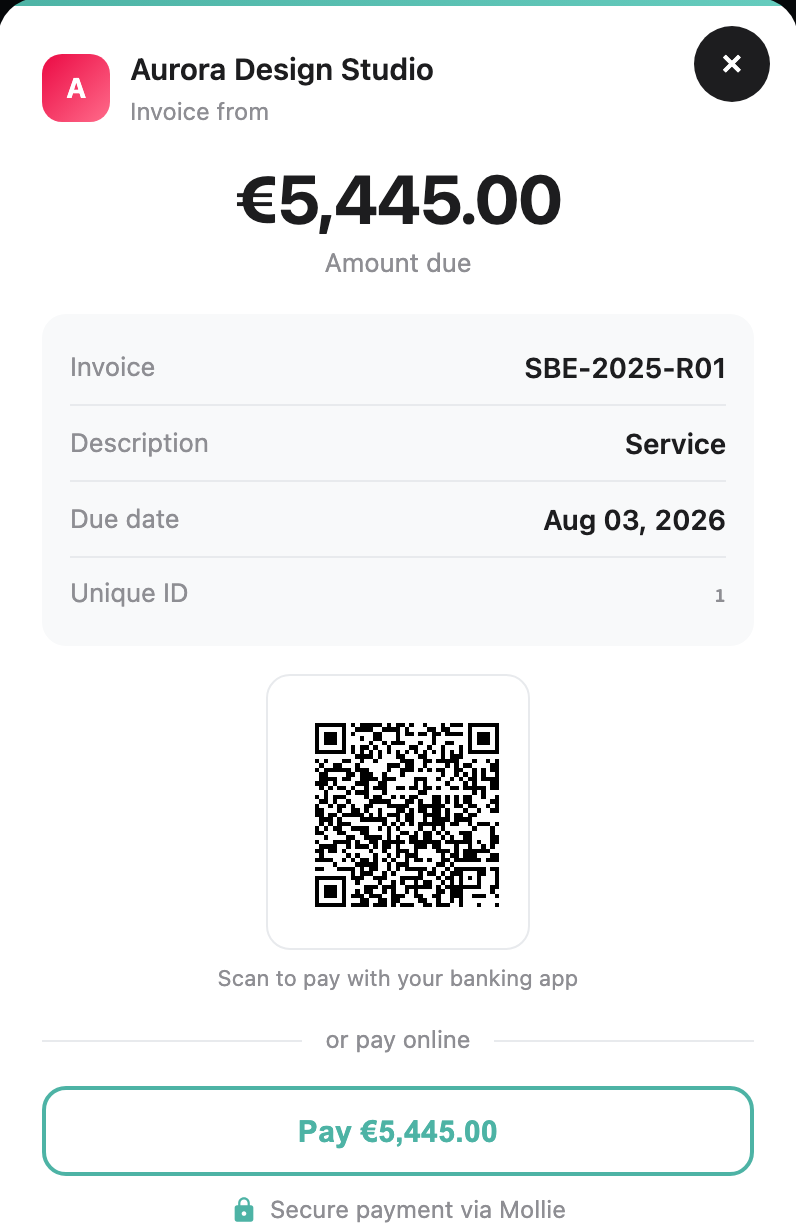 Client pay screen &mdash; amount due, QR, and a one-click Pay button secured by Mollie